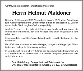 Traueranzeige von Helmut Maldoner von Allgäuer Zeitung, Füssen