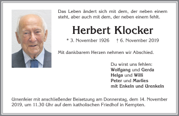 Traueranzeige von Herbert Klocker von Allgäuer Zeitung,Kempten