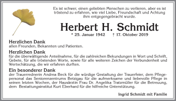 Traueranzeige von Herbert H. Schmidt von Allgäuer Zeitung,Kempten