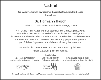 Traueranzeige von Hermann Haisch von Memminger Zeitung