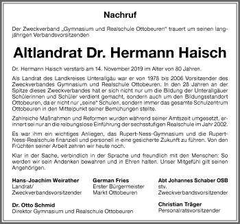 Traueranzeige von Hermann Haisch von Memminger Zeitung