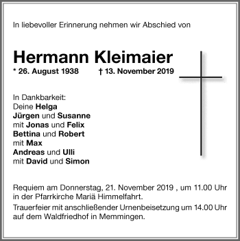 Traueranzeige von Hermann Kleimaier von Memminger Zeitung