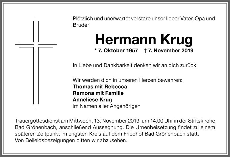  Traueranzeige für Hermann Krug vom 11.11.2019 aus Memminger Zeitung