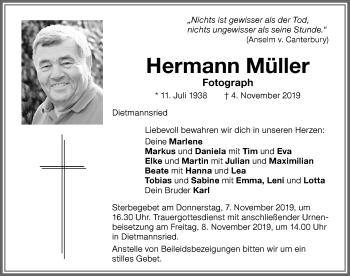Traueranzeige von Hermann Müller von Allgäuer Zeitung