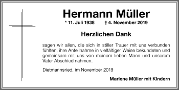 Traueranzeige von Hermann Müller von Allgäuer Zeitung