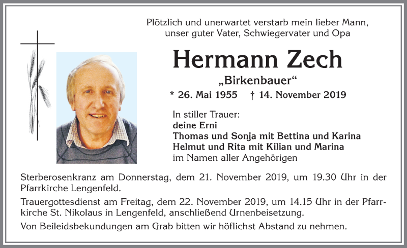  Traueranzeige für Hermann Zech vom 20.11.2019 aus Allgäuer Zeitung, Kaufbeuren/Buchloe