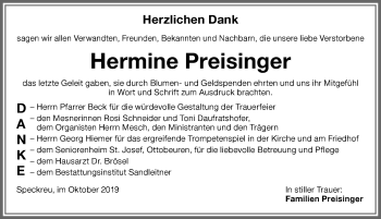 Traueranzeige von Hermine Preisinger von Memminger Zeitung