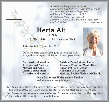 Traueranzeige von Herta Alt von Allgäuer Anzeigeblatt