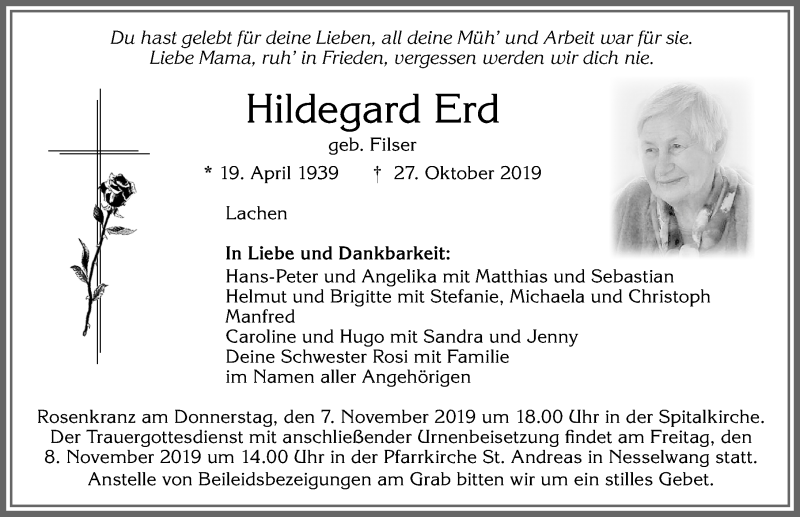  Traueranzeige für Hildegard Erd vom 05.11.2019 aus Allgäuer Zeitung, Füssen