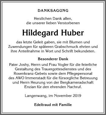 Traueranzeige von Hildegard Huber von Allgäuer Anzeigeblatt