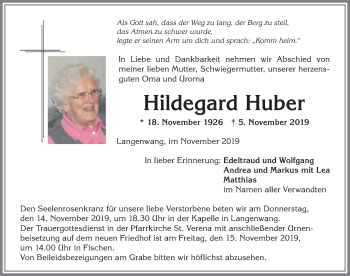 Traueranzeige von Hildegard Huber von Allgäuer Anzeigeblatt