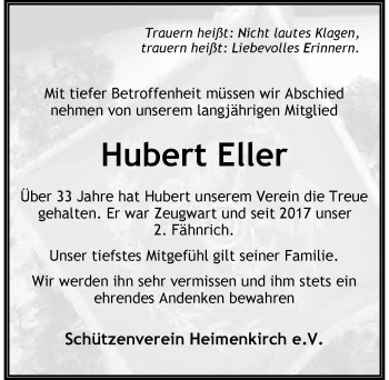 Traueranzeige von Hubert Eller von Der Westallgäuer