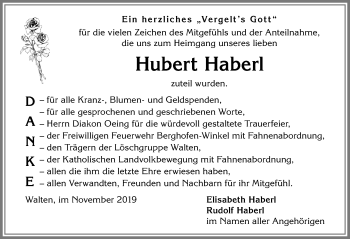 Traueranzeige von Hubert Haberl von Allgäuer Anzeigeblatt