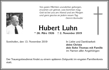 Traueranzeige von Hubert Luhn von Allgäuer Anzeigeblatt