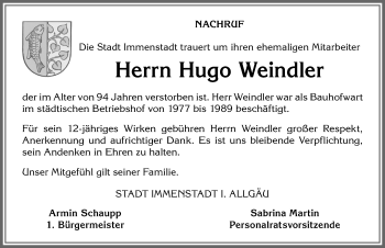 Traueranzeige von Hugo Weindler von Allgäuer Anzeigeblatt