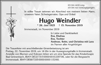 Traueranzeige von Hugo Weindler von Allgäuer Anzeigeblatt