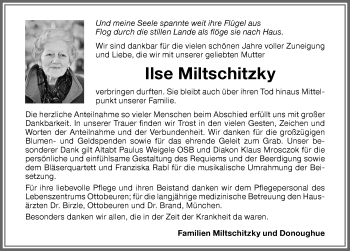 Traueranzeige von Ilse Miltschitzky von Memminger Zeitung