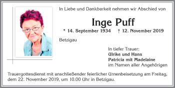 Traueranzeige von Inge Puff von Allgäuer Zeitung,Kempten