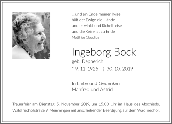 Traueranzeige von Ingeborg Bock von Memminger Zeitung