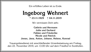 Traueranzeige von Ingeborg Wehnert von Allgäuer Anzeigeblatt