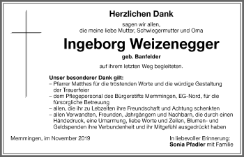 Traueranzeige von Ingeborg Weizenegger von Memminger Zeitung