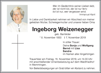 Traueranzeige von Ingeborg Weizenegger von Memminger Zeitung