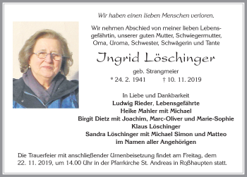 Traueranzeige von Ingrid Löschinger von Allgäuer Zeitung, Füssen