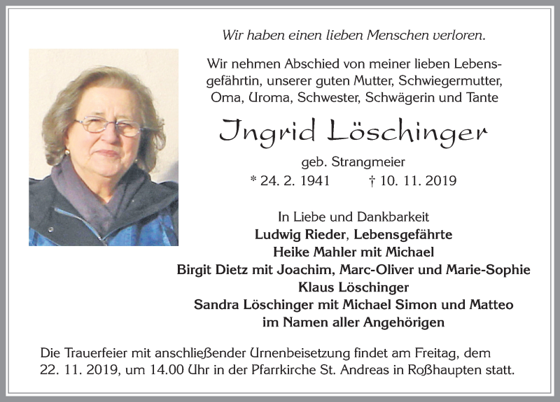  Traueranzeige für Ingrid Löschinger vom 16.11.2019 aus Allgäuer Zeitung, Füssen