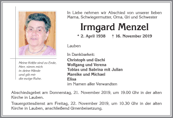 Traueranzeige von Irmgard Menzel von Allgäuer Zeitung,Kempten