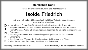 Traueranzeige von Isolde Friedrich von Allgäuer Zeitung,Kempten