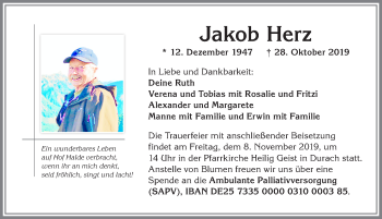 Traueranzeige von Jakob Herz von Allgäuer Zeitung,Kempten