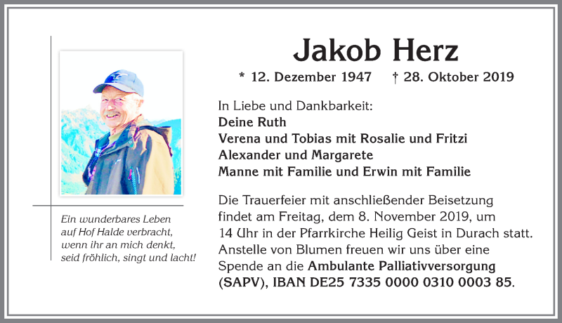  Traueranzeige für Jakob Herz vom 05.11.2019 aus Allgäuer Zeitung,Kempten