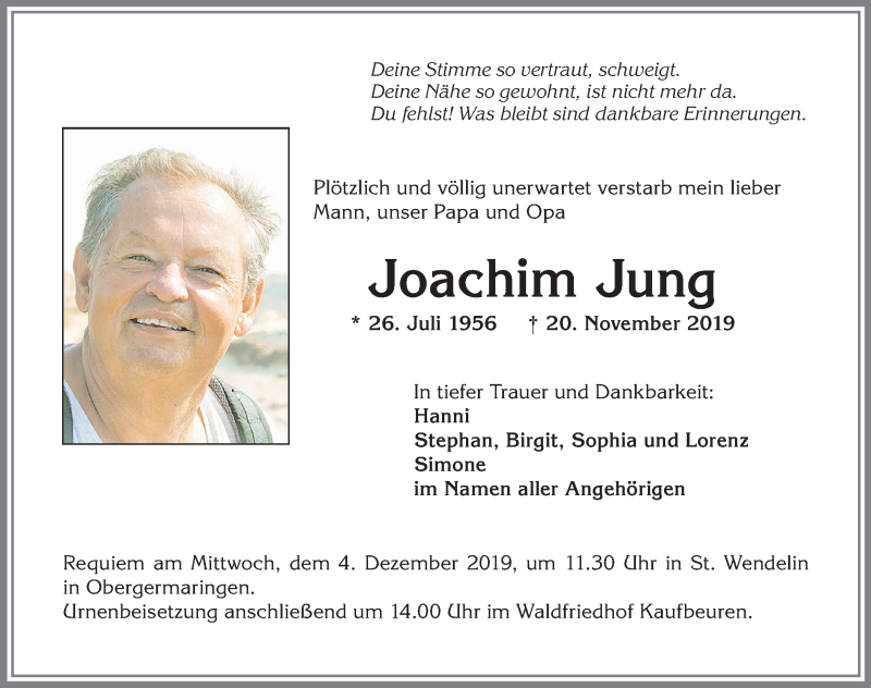  Traueranzeige für Joachim Jung vom 30.11.2019 aus Allgäuer Zeitung, Kaufbeuren/Buchloe