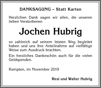Traueranzeige von Jochen Hubrig von Allgäuer Zeitung,Kempten