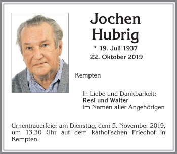 Traueranzeige von Jochen Hubrig von Allgäuer Zeitung,Kempten