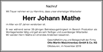 Traueranzeige von Johann Mathe von Memminger Zeitung