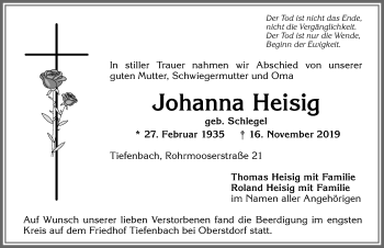Traueranzeige von Johanna Heisig von Allgäuer Anzeigeblatt
