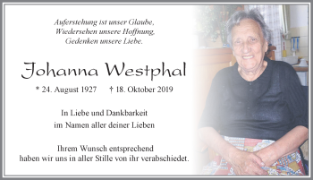 Traueranzeige von Johanna Westphal von Allgäuer Zeitung, Füssen