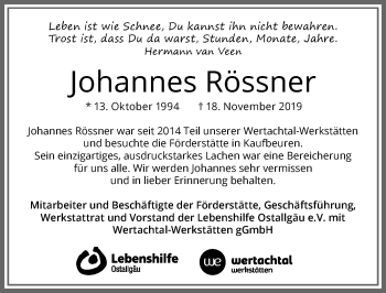 Traueranzeige von Johannes Rössner von Allgäuer Zeitung