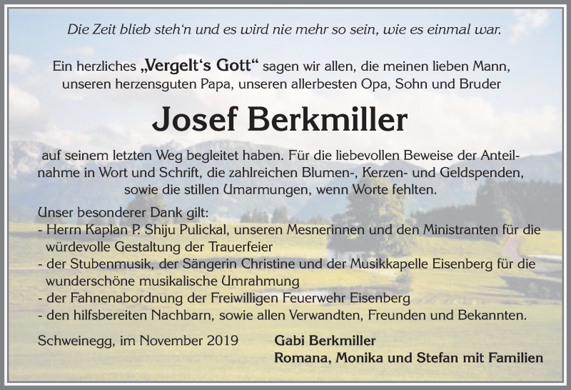  Traueranzeige für Josef Berkmiller vom 06.11.2019 aus Allgäuer Zeitung, Füssen