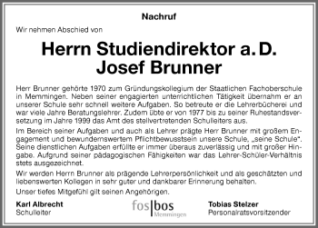 Traueranzeige von Josef Brunner von Memminger Zeitung