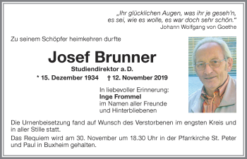 Traueranzeige von Josef Brunner von Memminger Zeitung