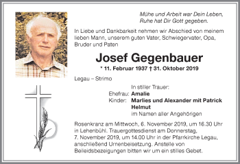 Traueranzeige von Josef Gegenbauer von Memminger Zeitung