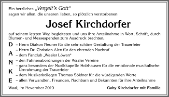Traueranzeige von Josef Kirchdorfer von Allgäuer Zeitung, Kaufbeuren/Buchloe