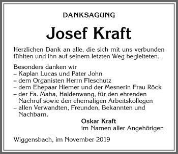 Traueranzeige von Josef Kraft von Allgäuer Zeitung,Kempten