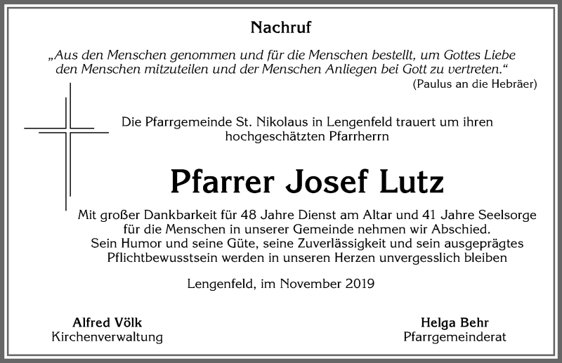  Traueranzeige für Josef Lutz vom 08.11.2019 aus Allgäuer Zeitung, Kaufbeuren/Buchloe