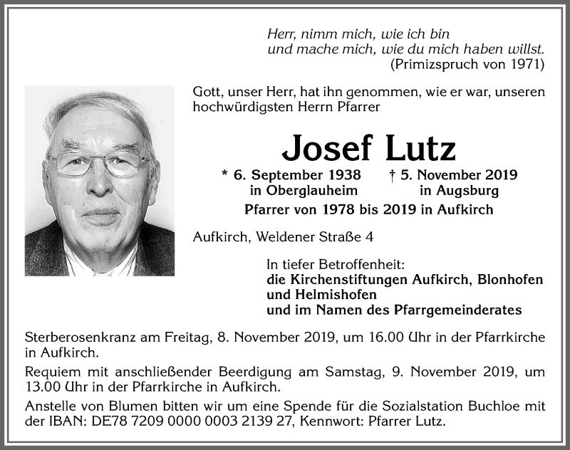  Traueranzeige für Josef Lutz vom 08.11.2019 aus Allgäuer Zeitung, Kaufbeuren/Buchloe