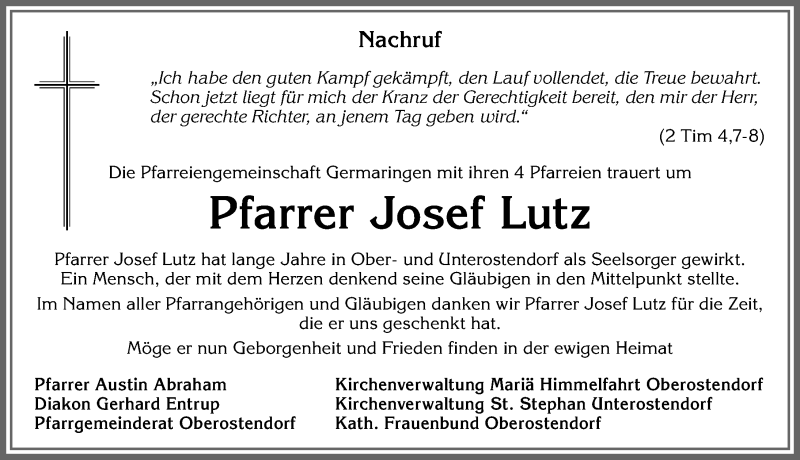  Traueranzeige für Josef Lutz vom 09.11.2019 aus Allgäuer Zeitung, Kaufbeuren/Buchloe