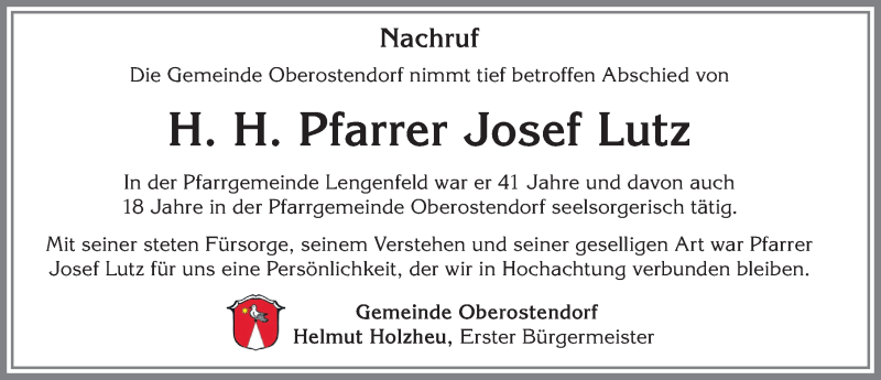  Traueranzeige für Josef Lutz vom 09.11.2019 aus Allgäuer Zeitung, Kaufbeuren/Buchloe