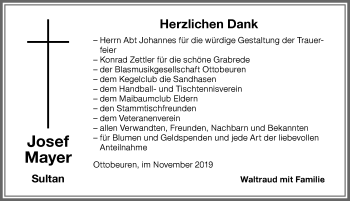 Traueranzeige von Josef Mayer von Memminger Zeitung